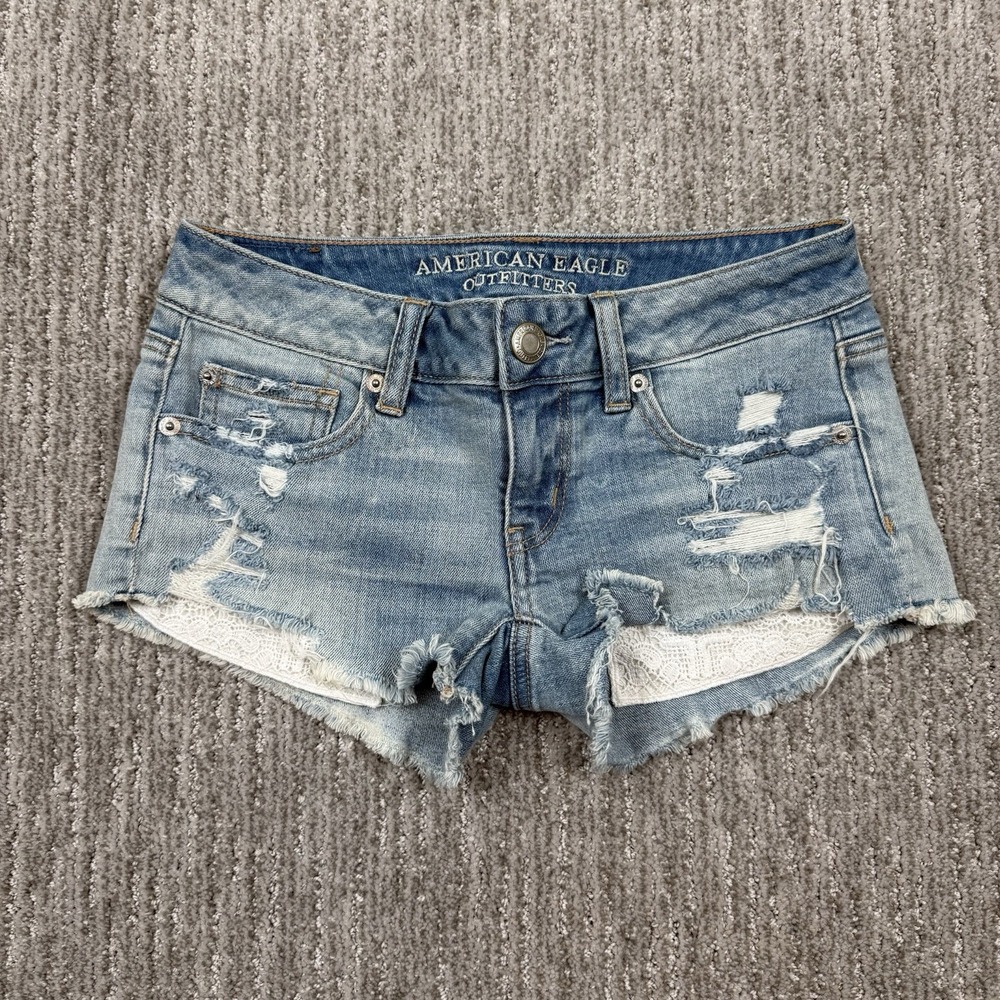 American Eagle Super Low Shortie Denim Shorts Women's size 00 Lace Distressed